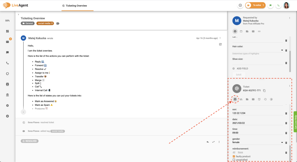 Campos de ticket en vista de ticket