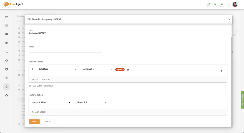 Ejemplo de configuración de SLA urgente