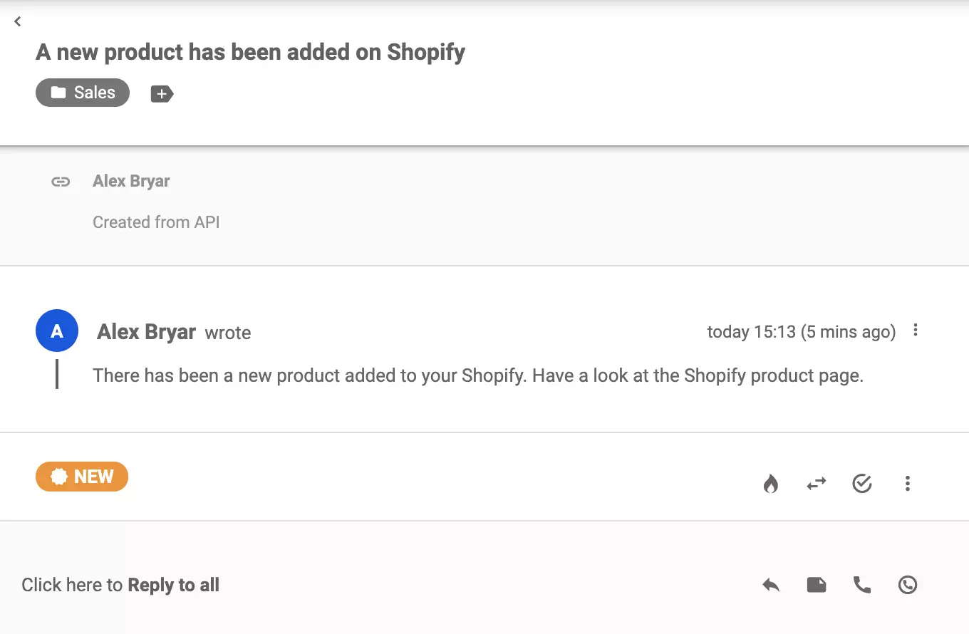 Un nuevo ticket que ha sido enviado desde Shopify después de crear un producto