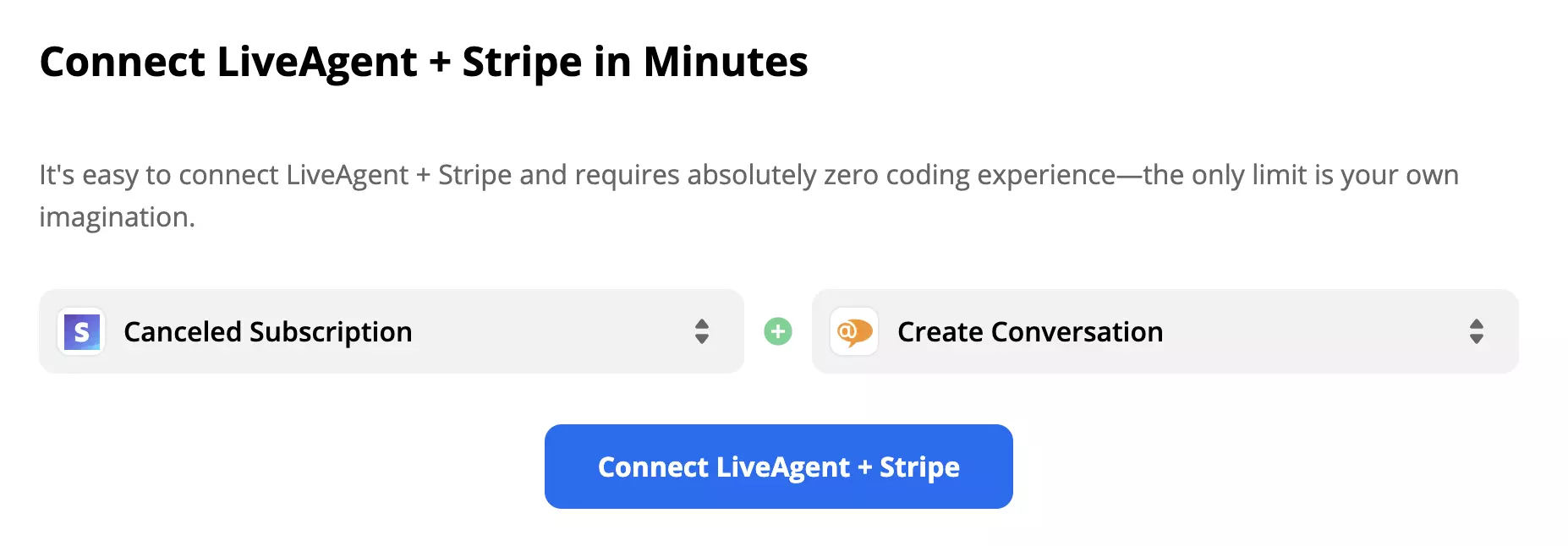 Ejemplo de un trigger de Stripe y una action de LiveAgent seleccionados