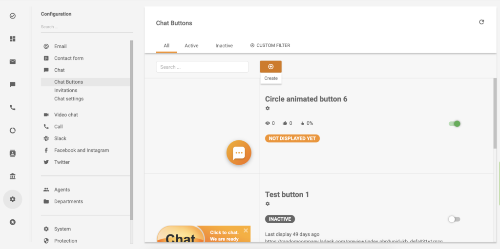 Opción crear botón de chat en la configuración de LiveAgent