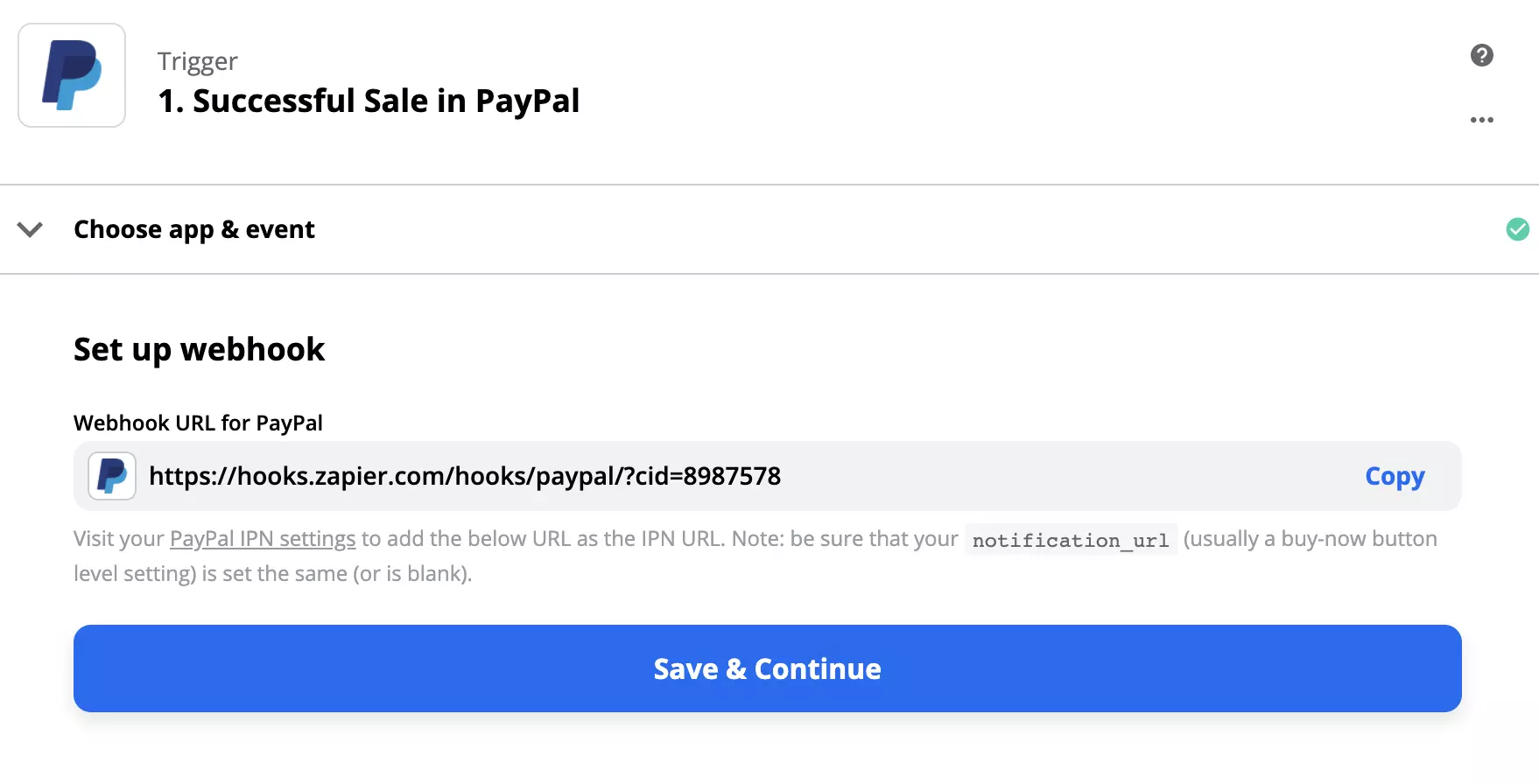 Configuración del disparador de PayPal con configuración de webhook
