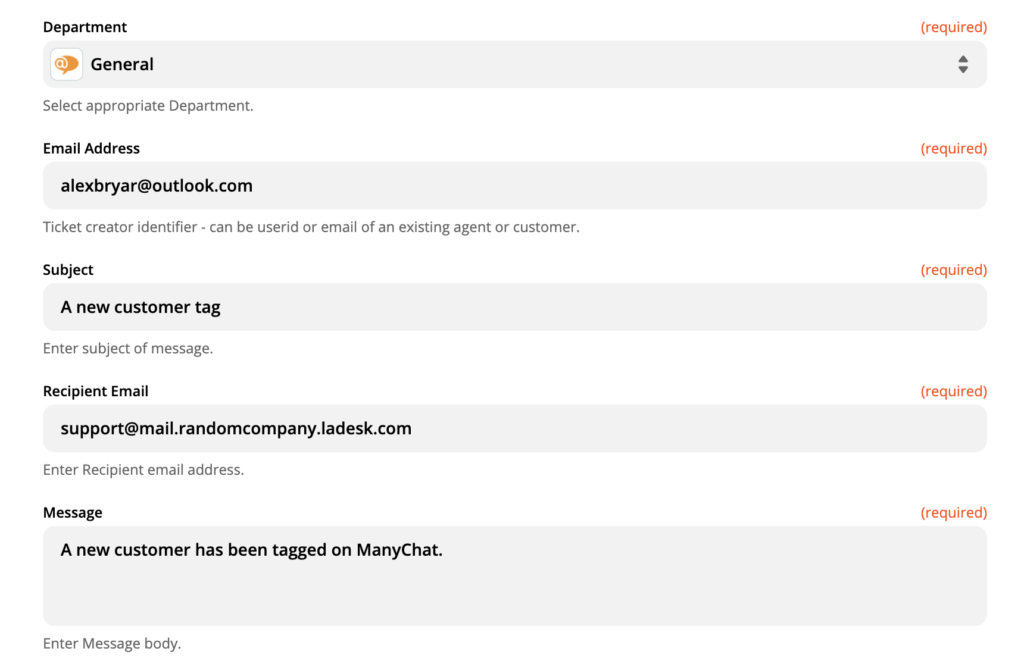Configuración de la acción de LiveAgent en Zapier
