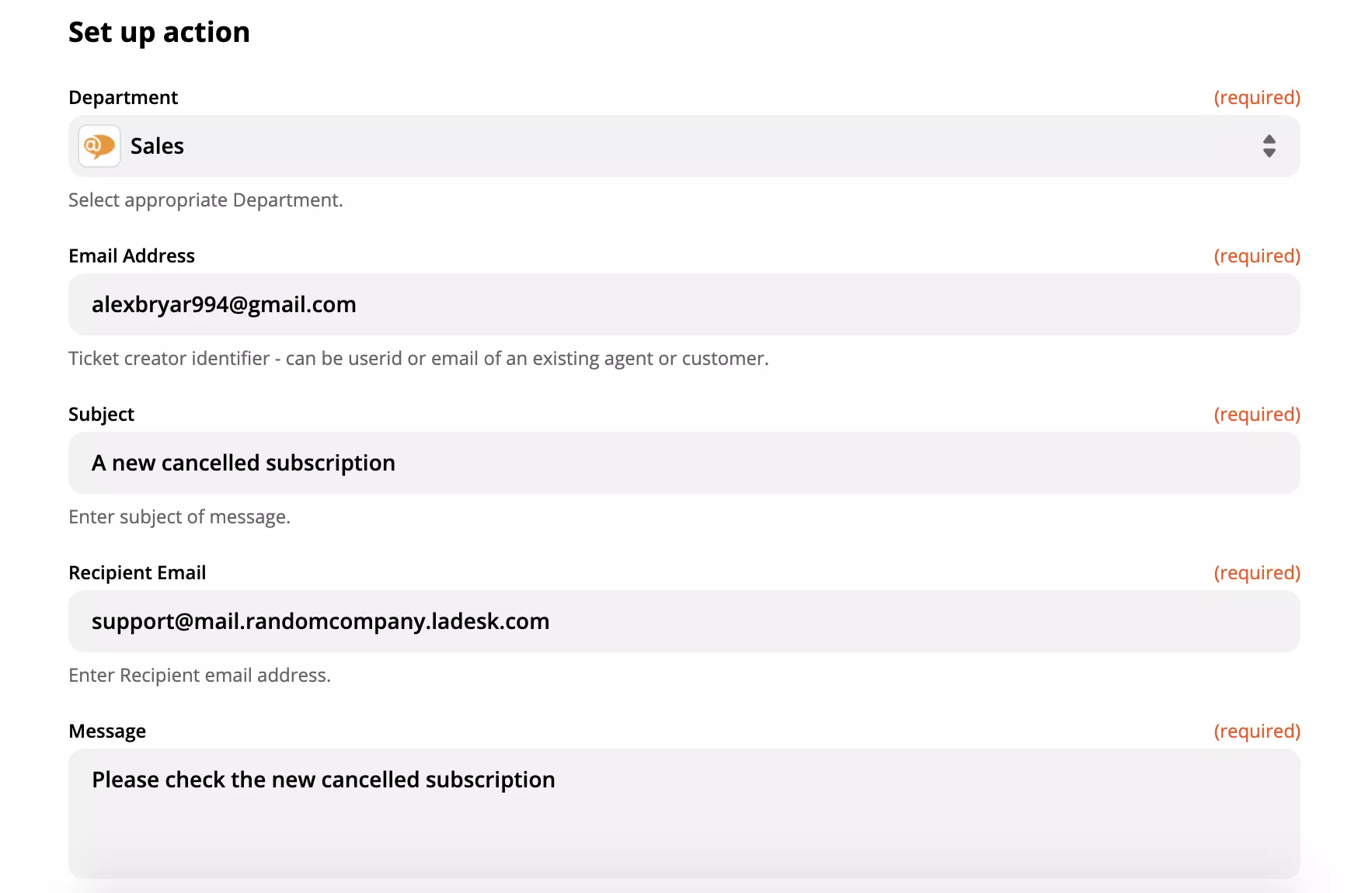Un ejemplo de configuración de una action de LiveAgent