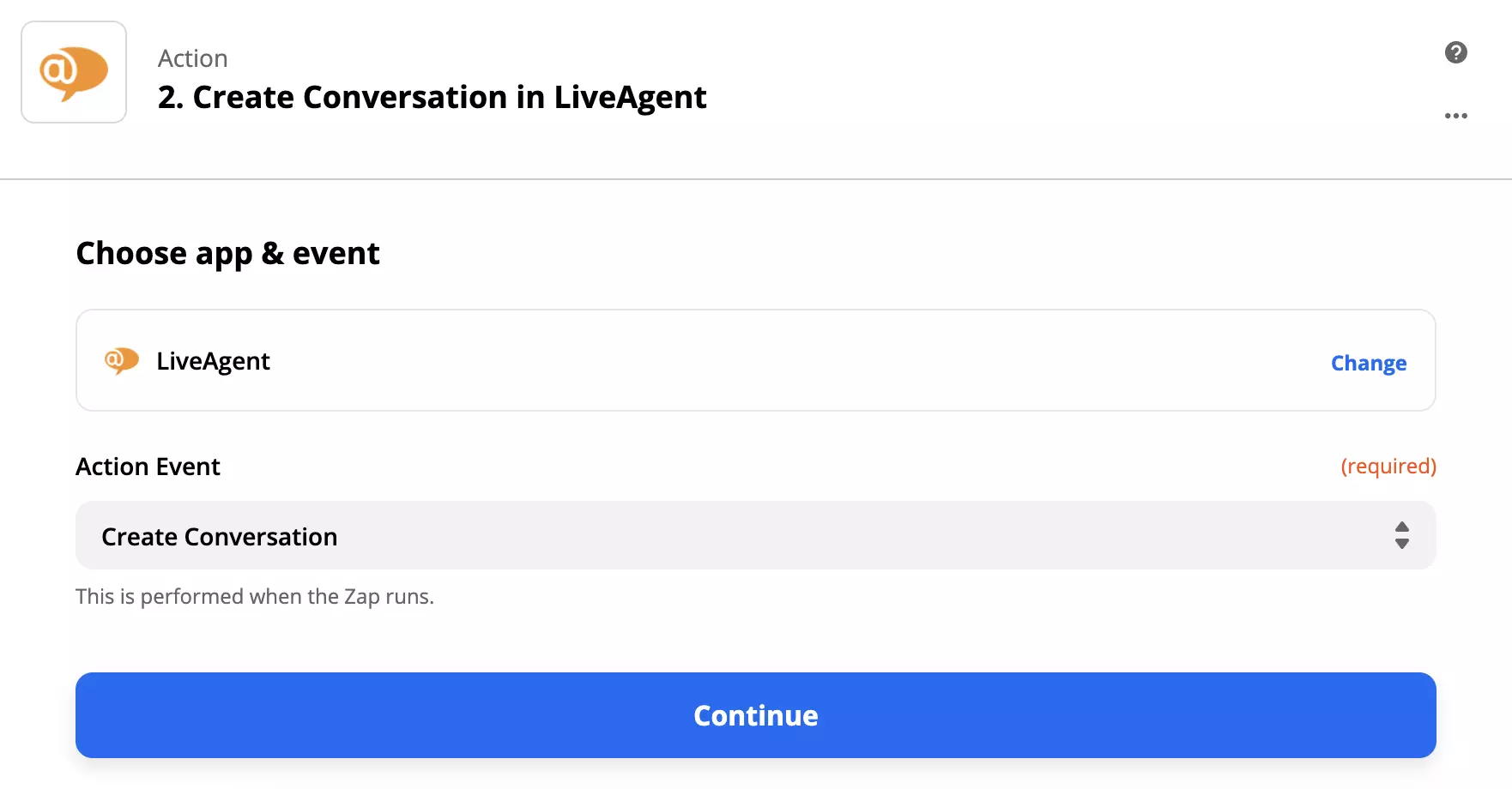 Configuración de acción de LiveAgent en Zapier