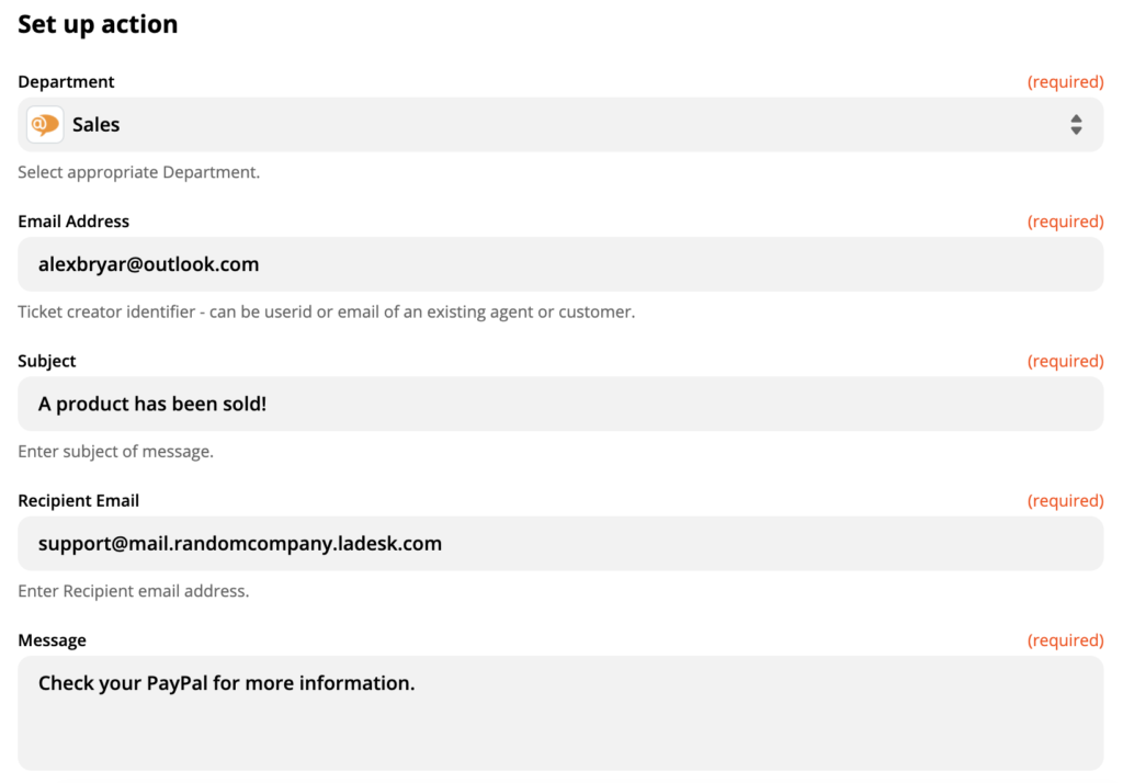 Una configuración de la acción de LiveAgent Crear nueva conversación