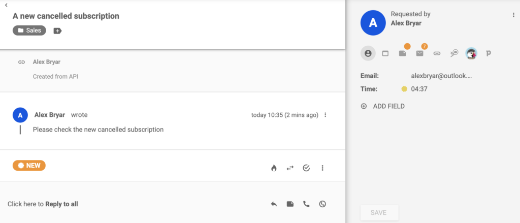 Un ticket sobre una nueva suscripción cancelada