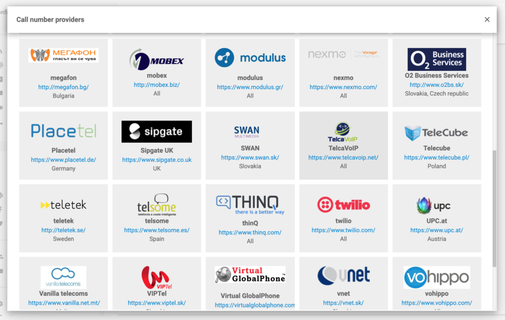 Proveedores de números de llamada con LiveAgent