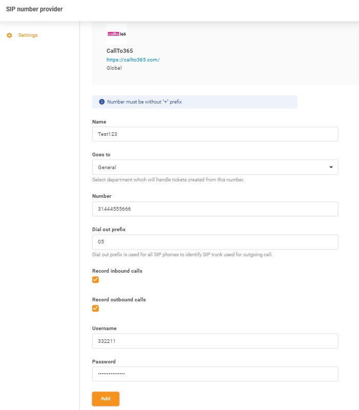 Entrada de credenciales de CallTo365