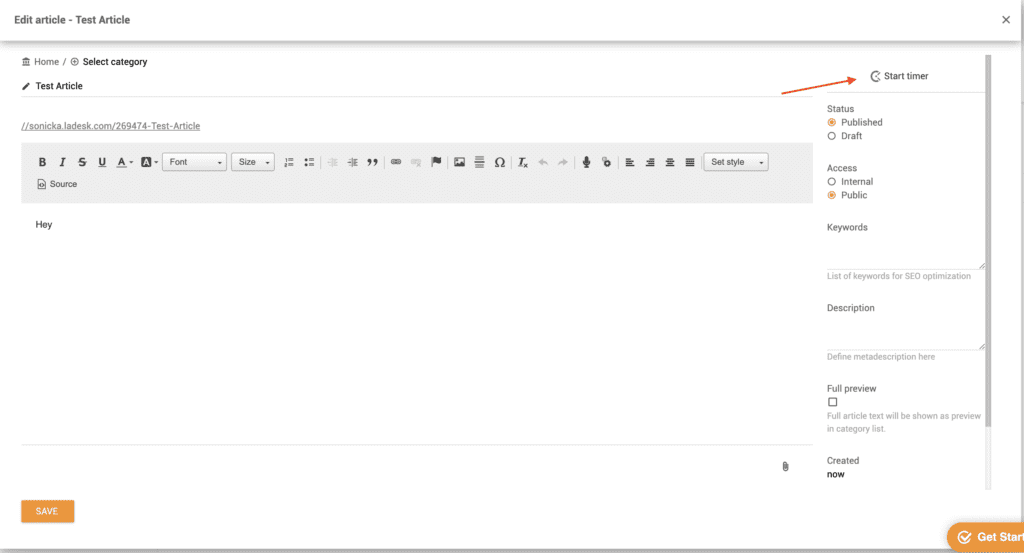 Temporizador de Clockify en la base de conocimientos