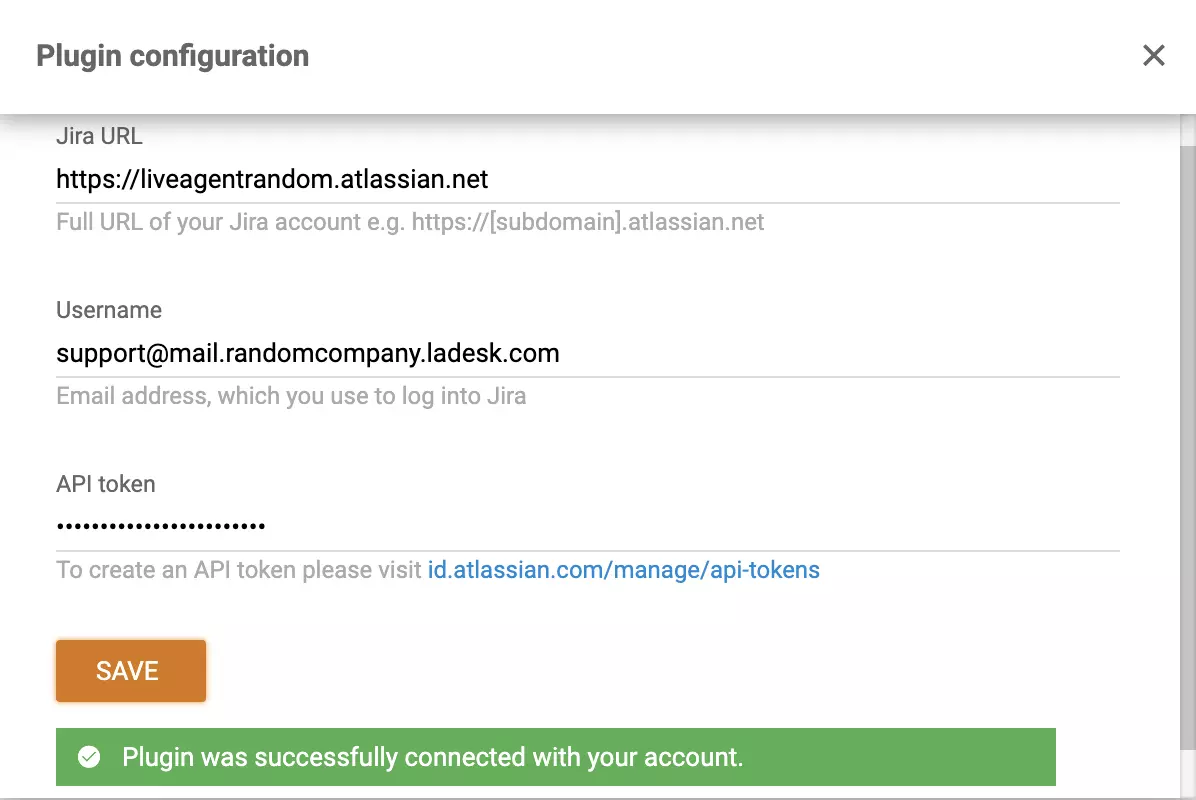 Un complemento de Jira configurado exitosamente en LiveAgent