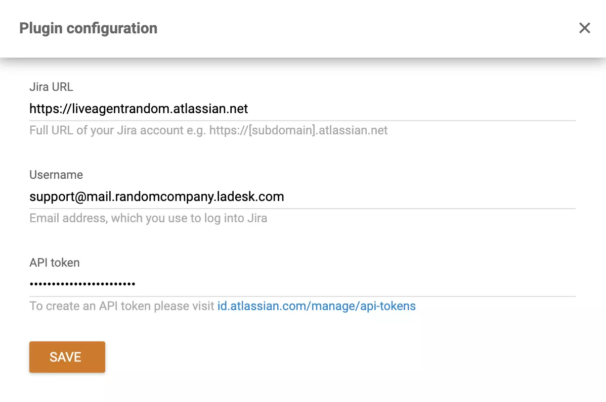 Ventana de configuración del complemento de Jira en la configuración de LiveAgent