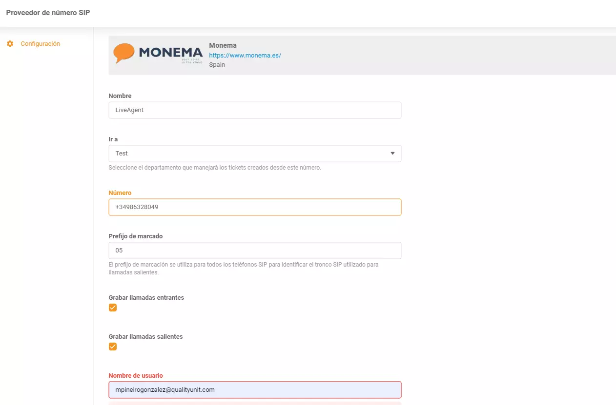 Integración de Monema con LiveAgent
