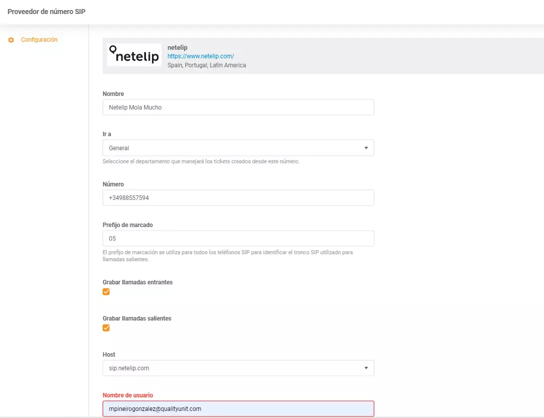 Credenciales de integración de Netelip LiveAgent