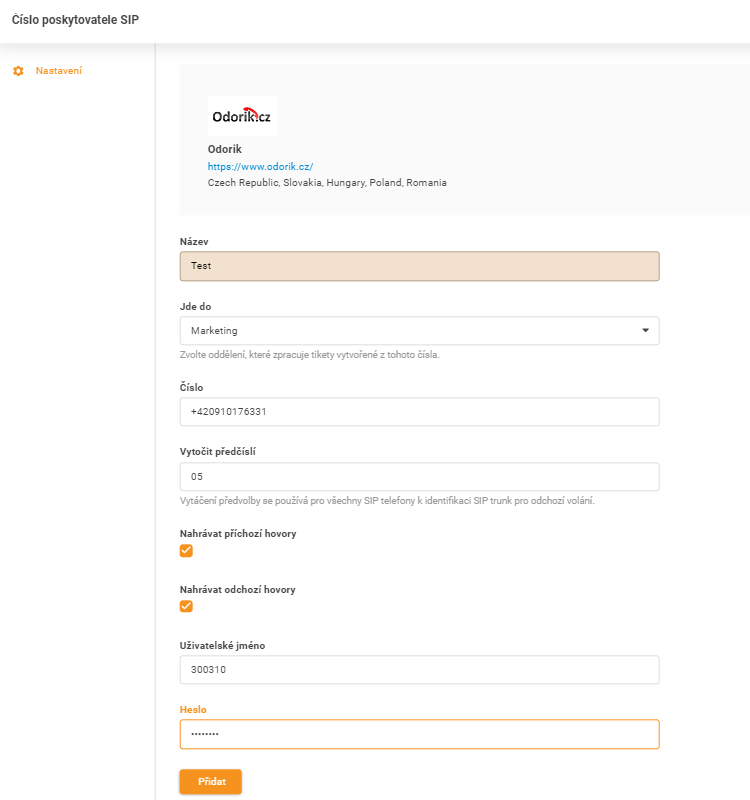 Credenciales de Odorik.cz
