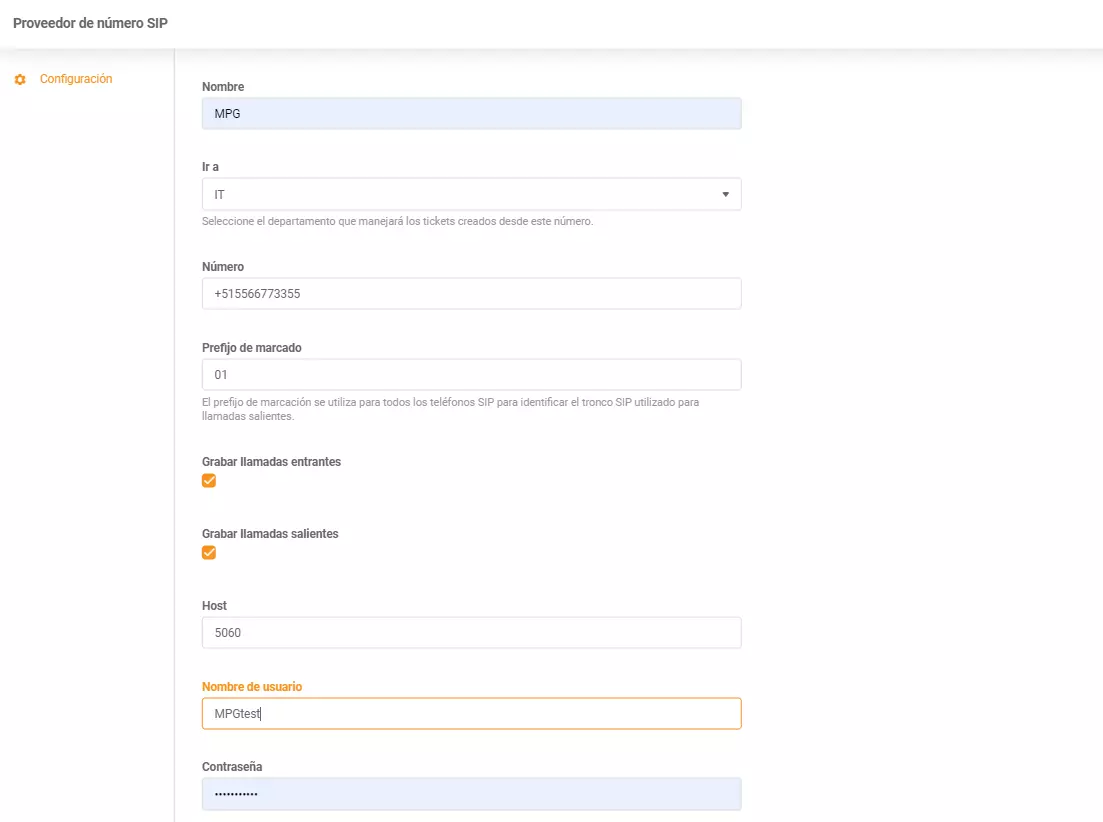 Inserción de credenciales de PortalPBX