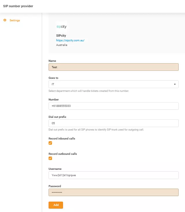 Credenciales de SIPcity