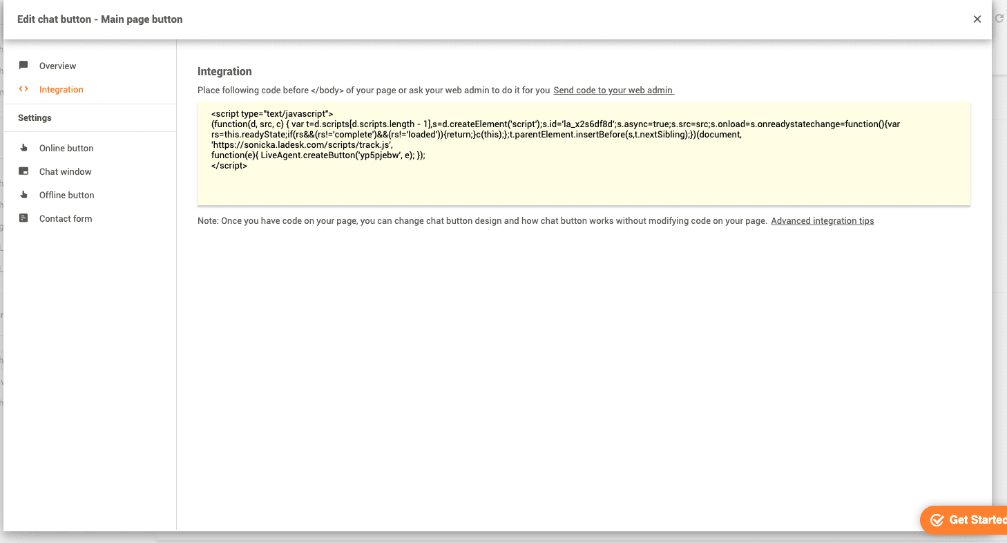 Ubicación del código del botón de chat de LiveAgent
