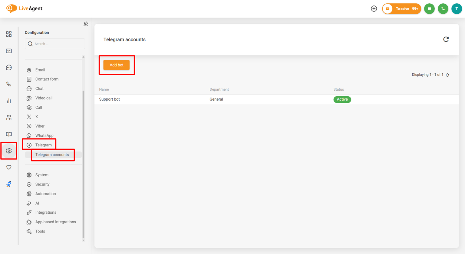 Captura de pantalla del panel de configuración de integración de Telegram de LiveAgent mostrando el botón Añadir bot