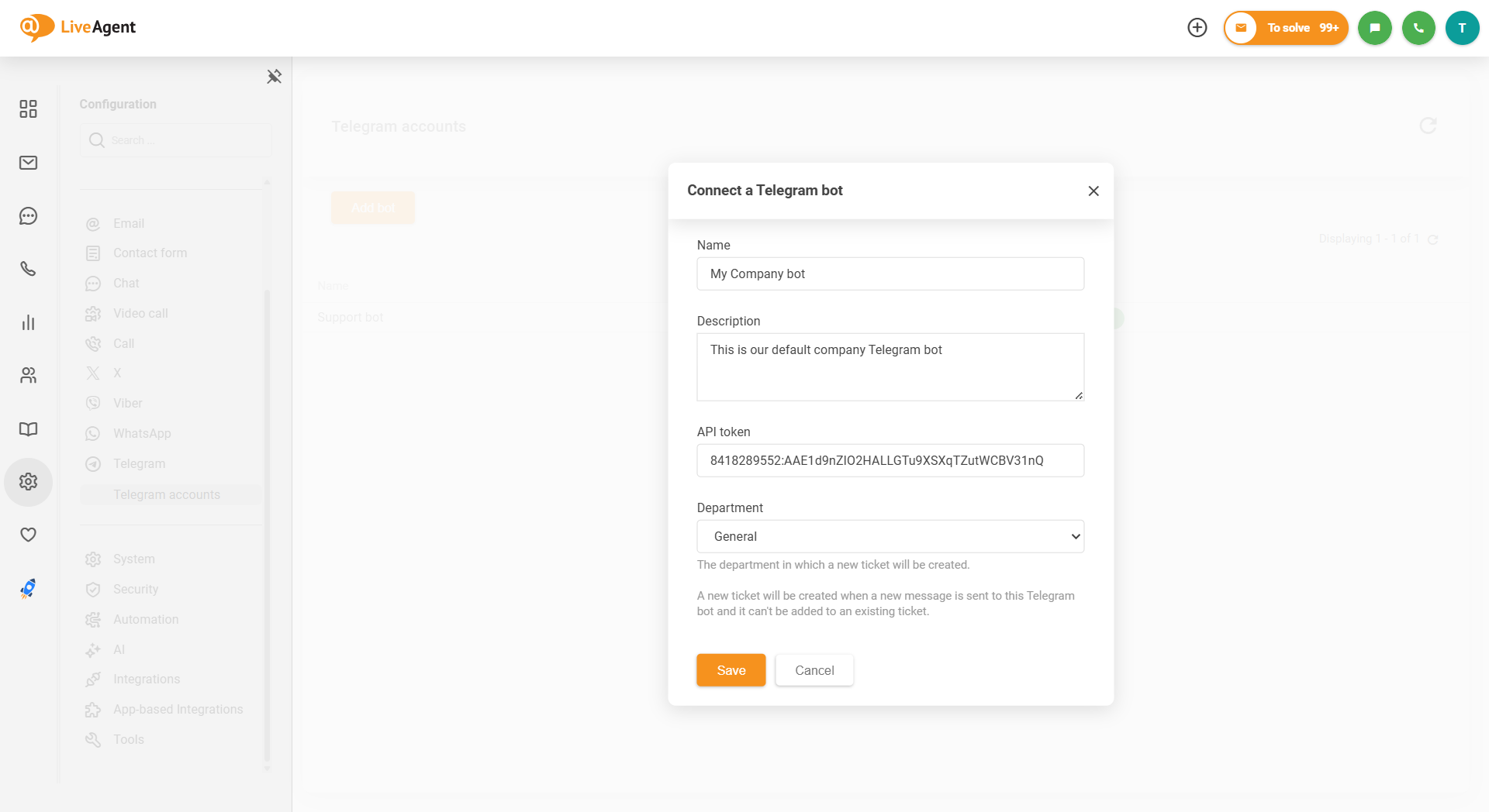 Captura de pantalla de la integración de Telegram de LiveAgent sobre cómo conectar el bot