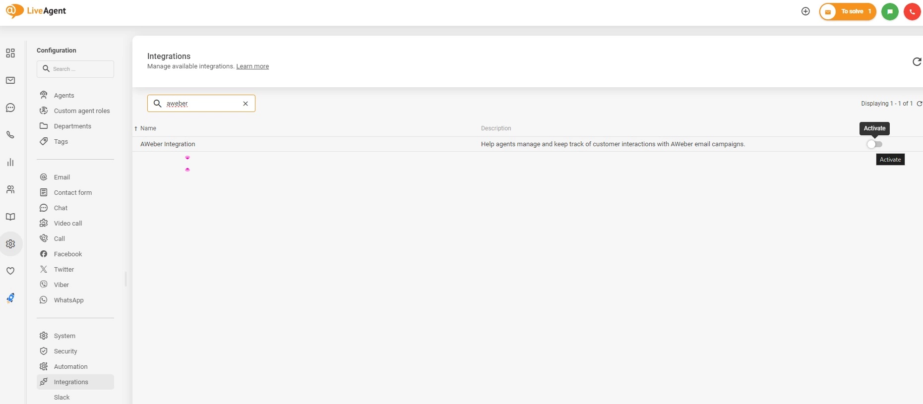 Activar integración de AWeber en LiveAgent