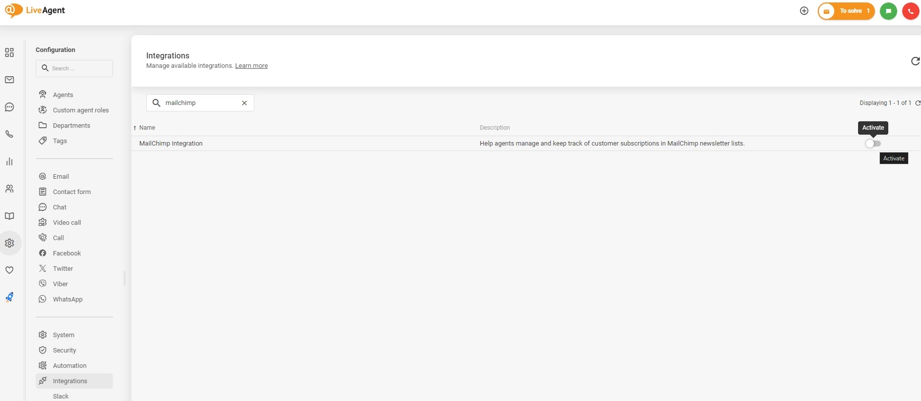 Activar integración de Mailchimp en LiveAgent
