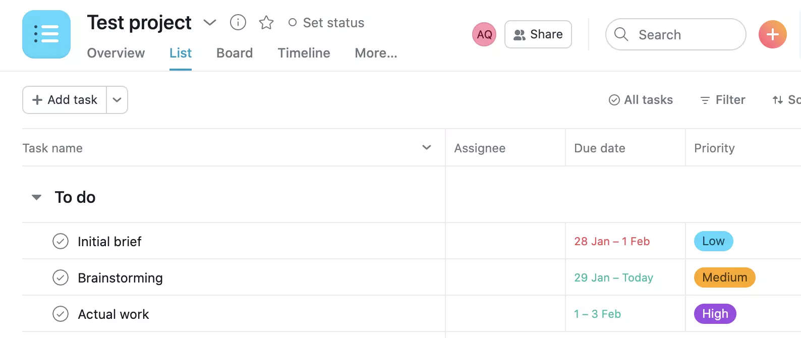 Ejemplo de proyecto de Asana