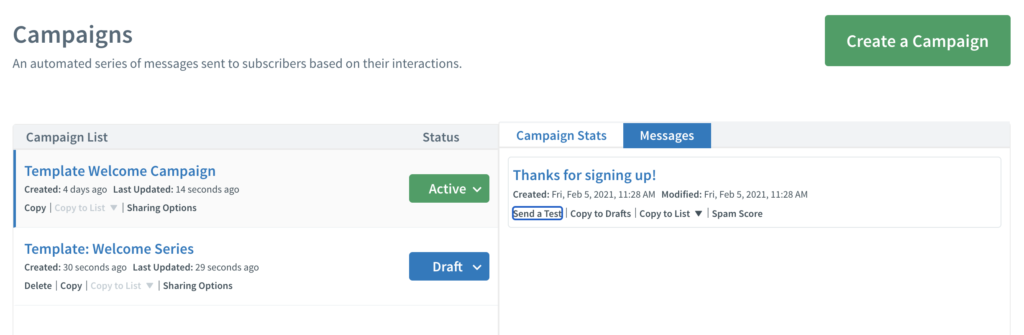 Vista previa de campañas de AWeber