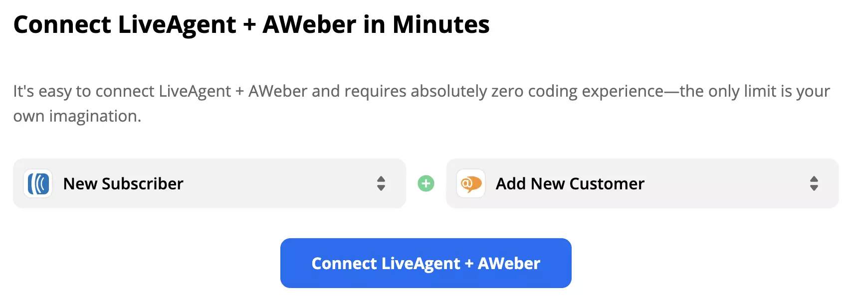 Disparador Nuevo Suscriptor de AWeber y acción Agregar Nuevo Cliente de LiveAgent seleccionados en Zapier