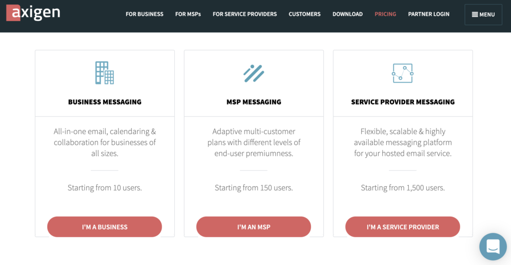 Sitio web de Axigen con planes de precios