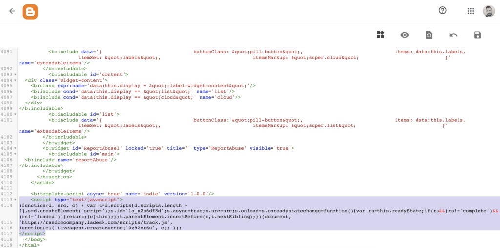 Código de Blogger con el código de botón de chat insertado