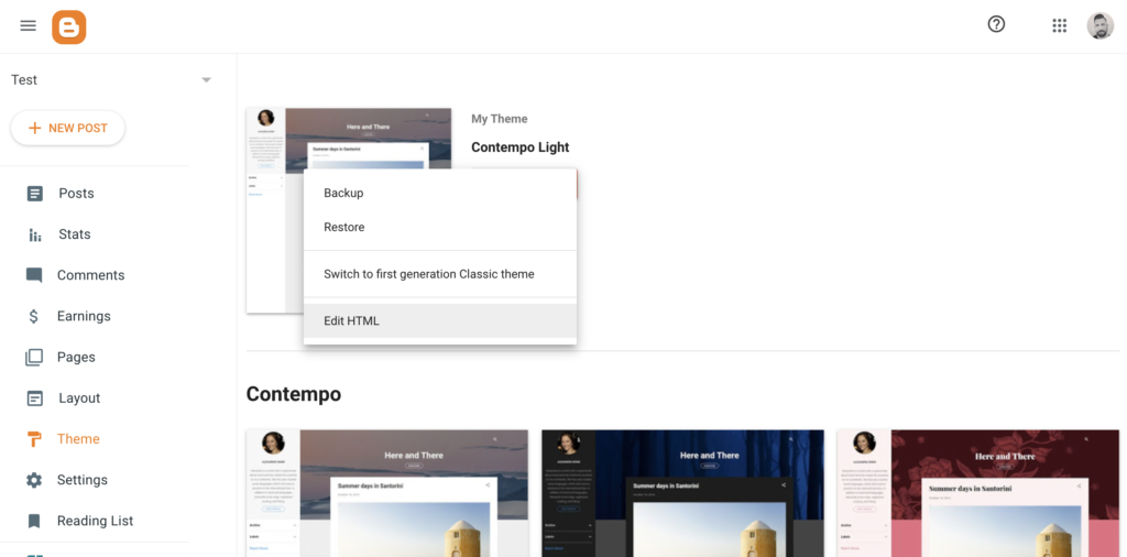Opción Editar HTML en la configuración de Tema de Blogger