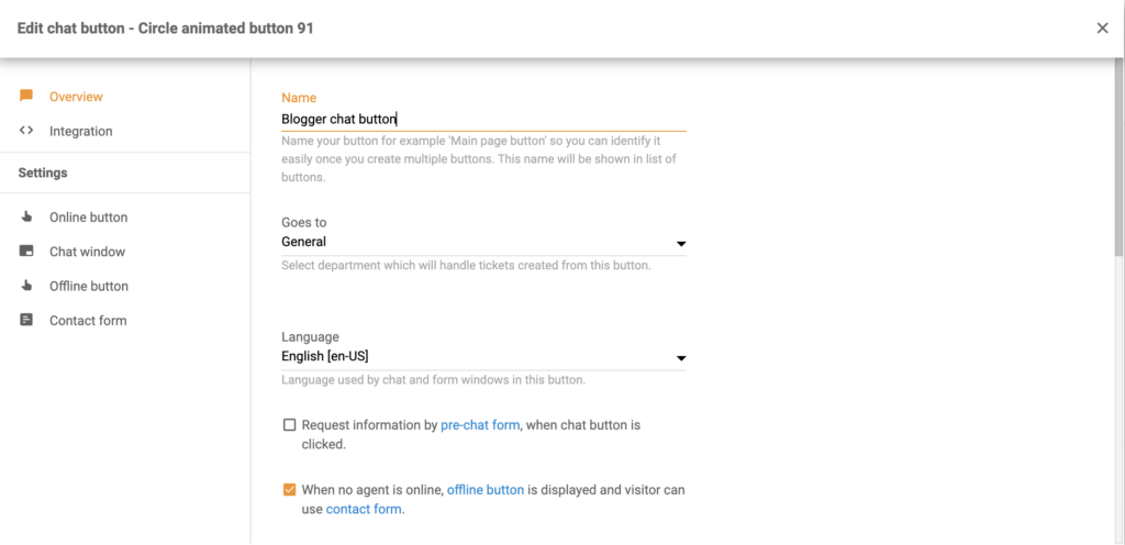 Configuración del botón de chat de LiveAgent con múltiples opciones