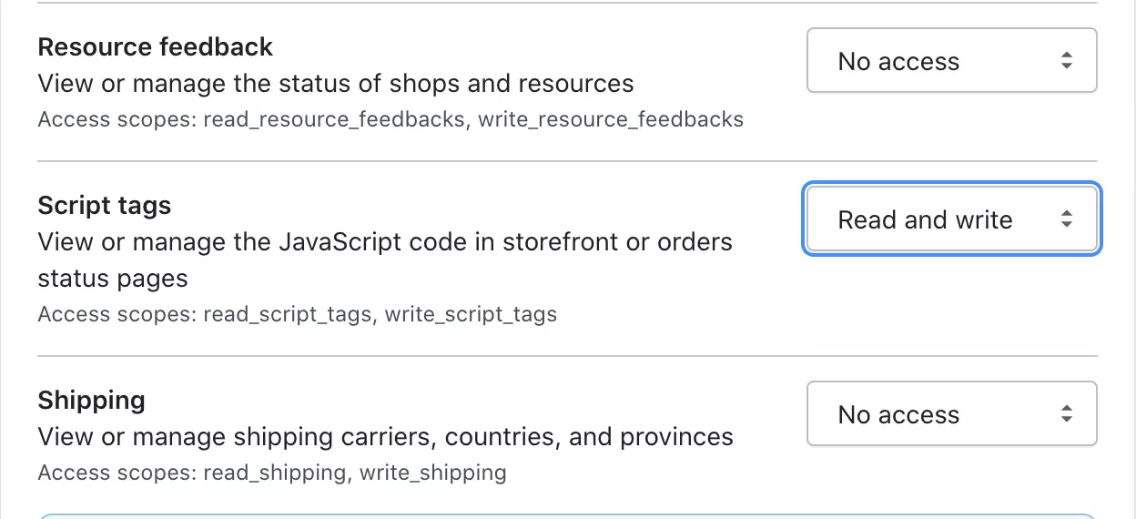 Cambiar permisos de etiquetas de script a Lectura y escritura en Shopify