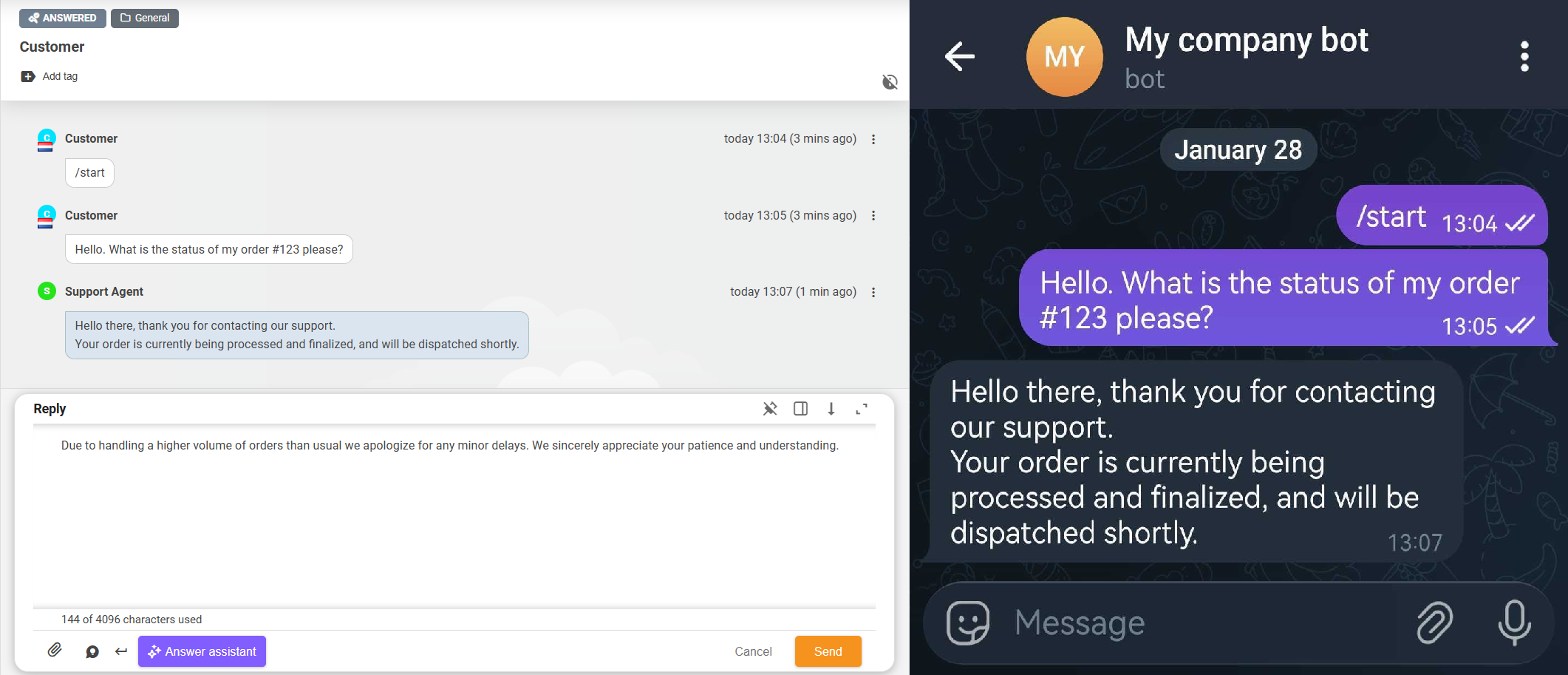 interfaz del bot de Telegram de la empresa