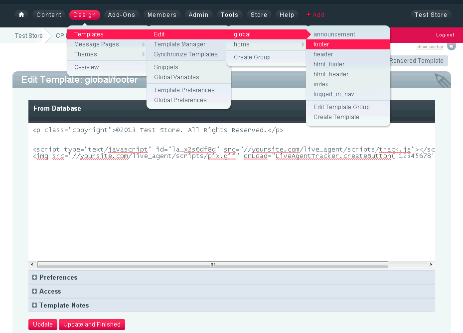 Código del sitio web de ExpressionEngine con el código del botón de chat de LiveAgent