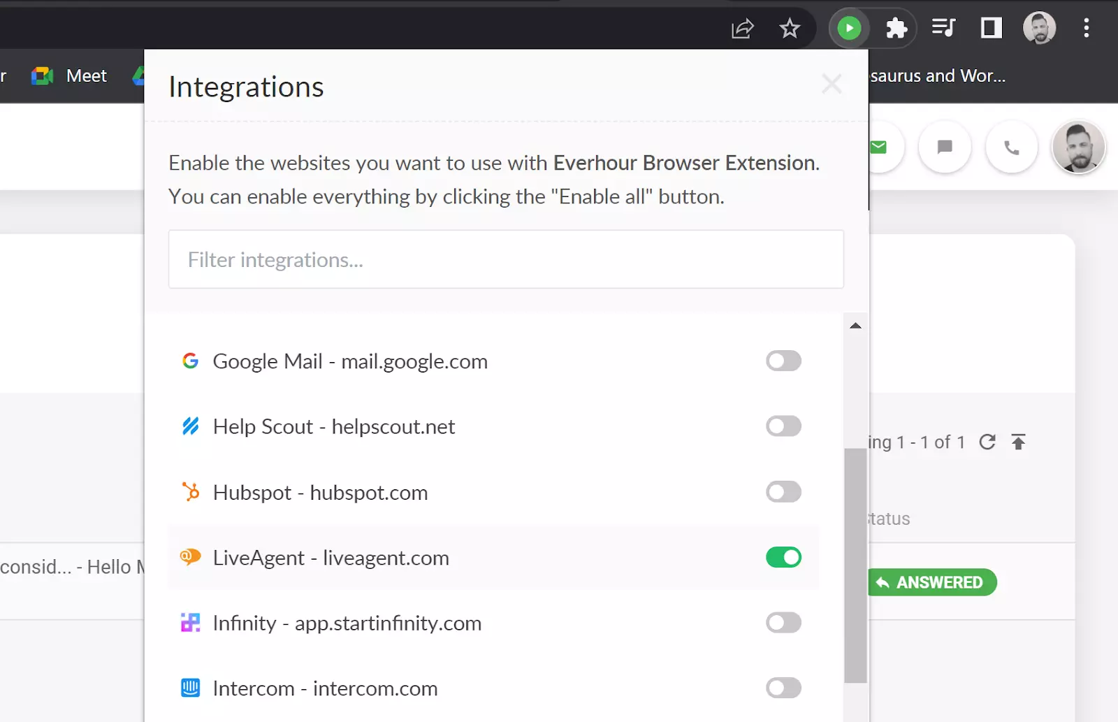 Everhour - habilitar integración de LiveAgent