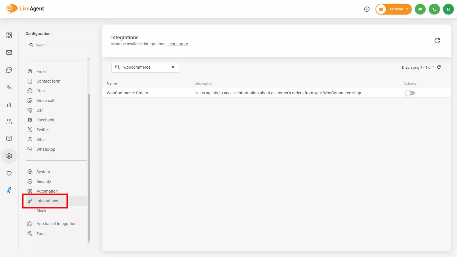 Imagen que muestra dónde encontrar la integración de Woocommerce en LiveAgent
