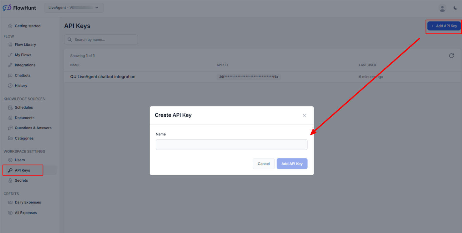 Crear una clave API para la integración del espacio de trabajo de FlowHunt con LiveAgent
