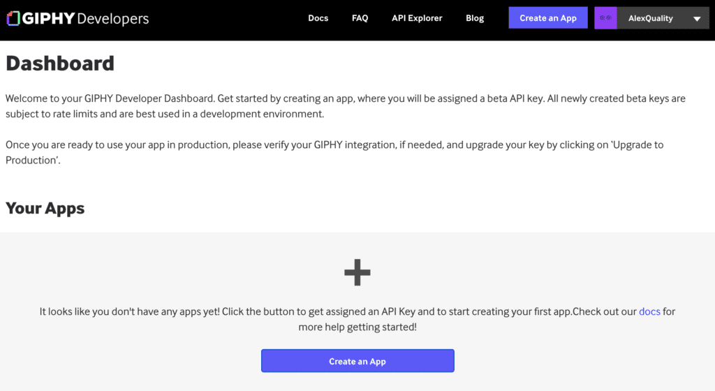 Panel de Giphy con opción de creación de aplicación para generar una clave API