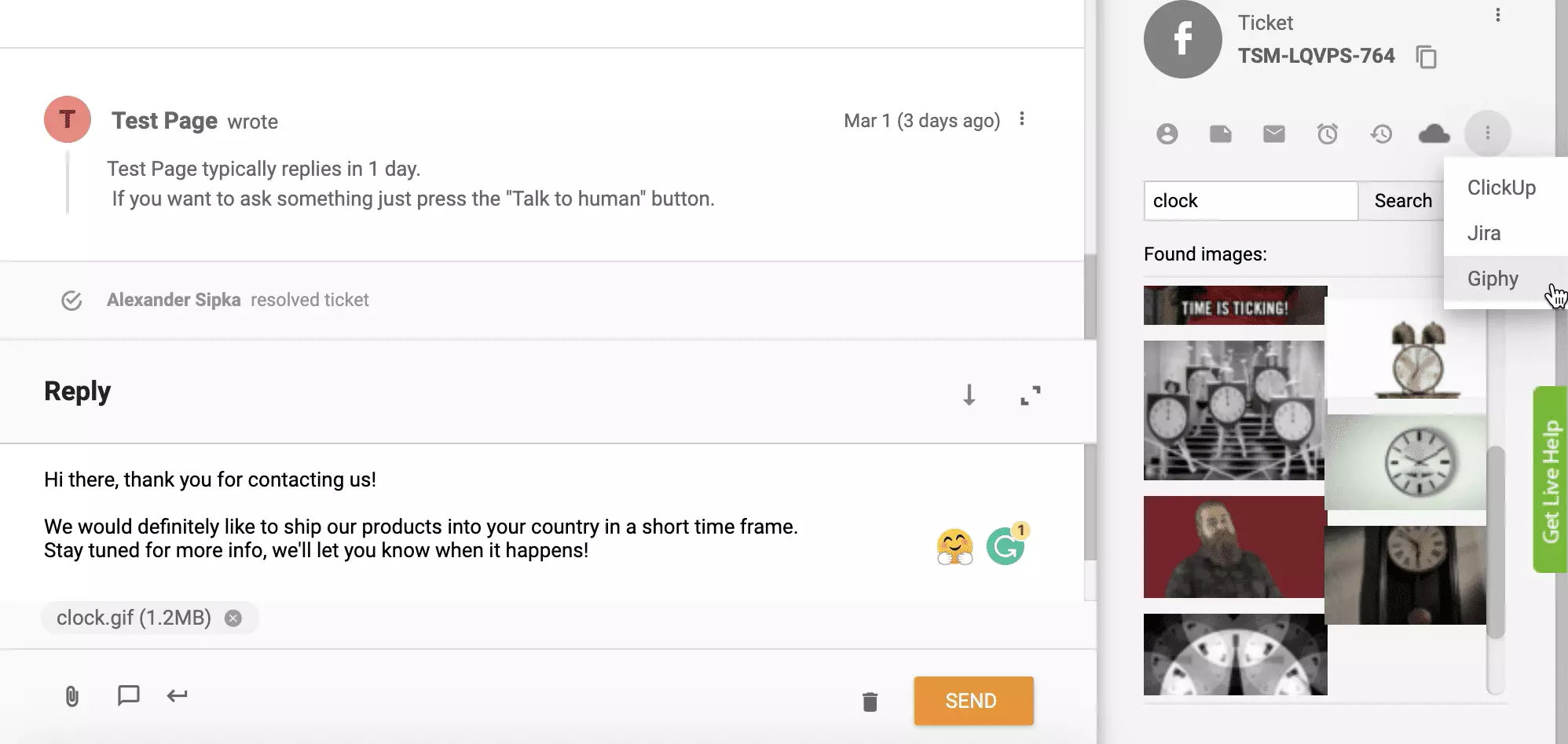 Integración de Giphy activada y funcionando en el sistema de tickets de LiveAgent