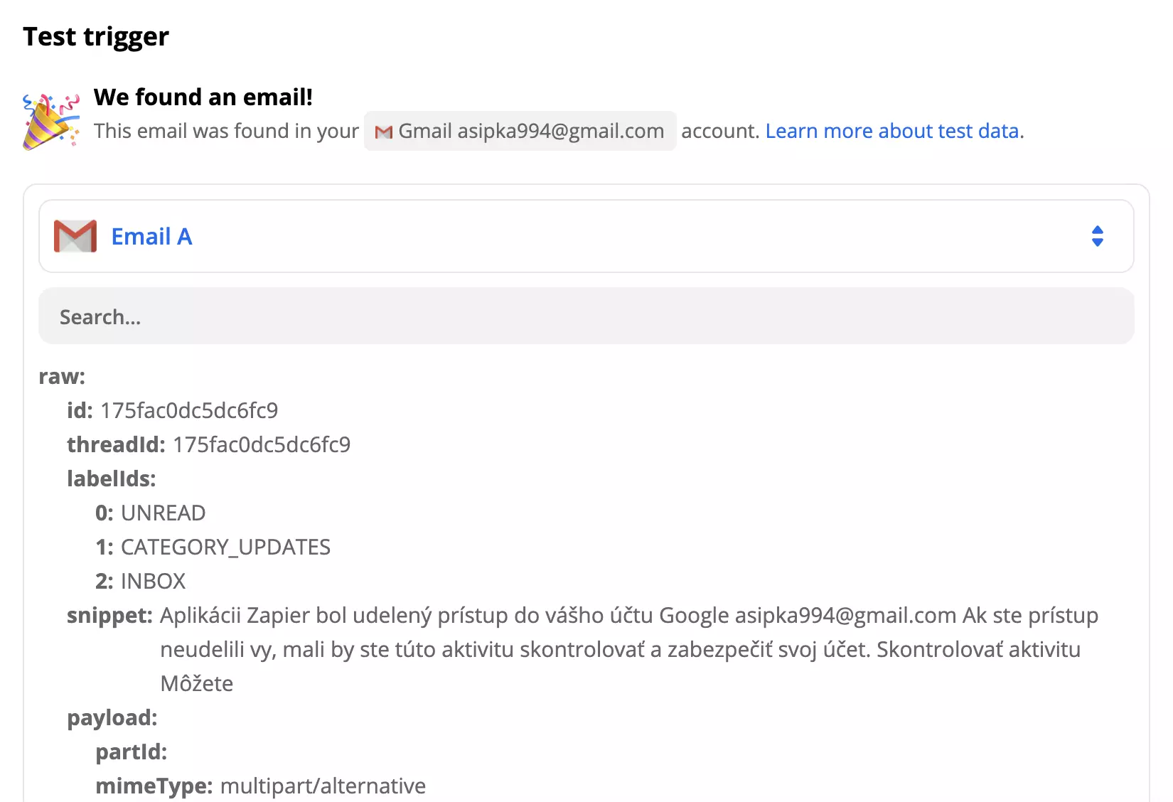 Ejemplo de prueba de disparador de Gmail