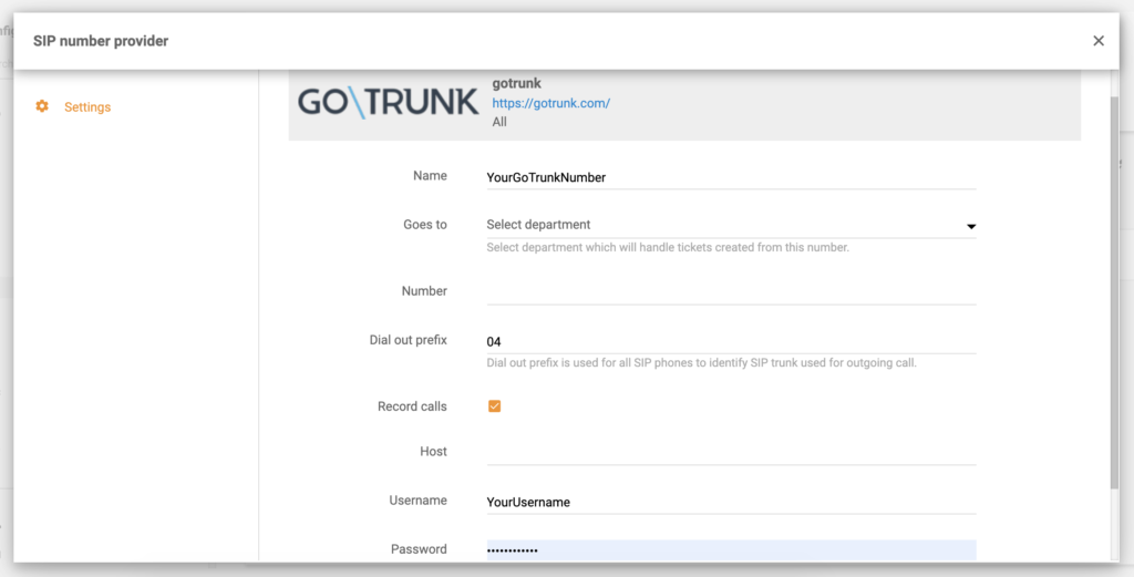 Configuración final de GoTrunk en LiveAgent