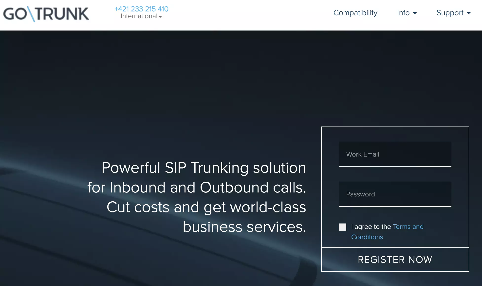 Página de registro de GoTrunk