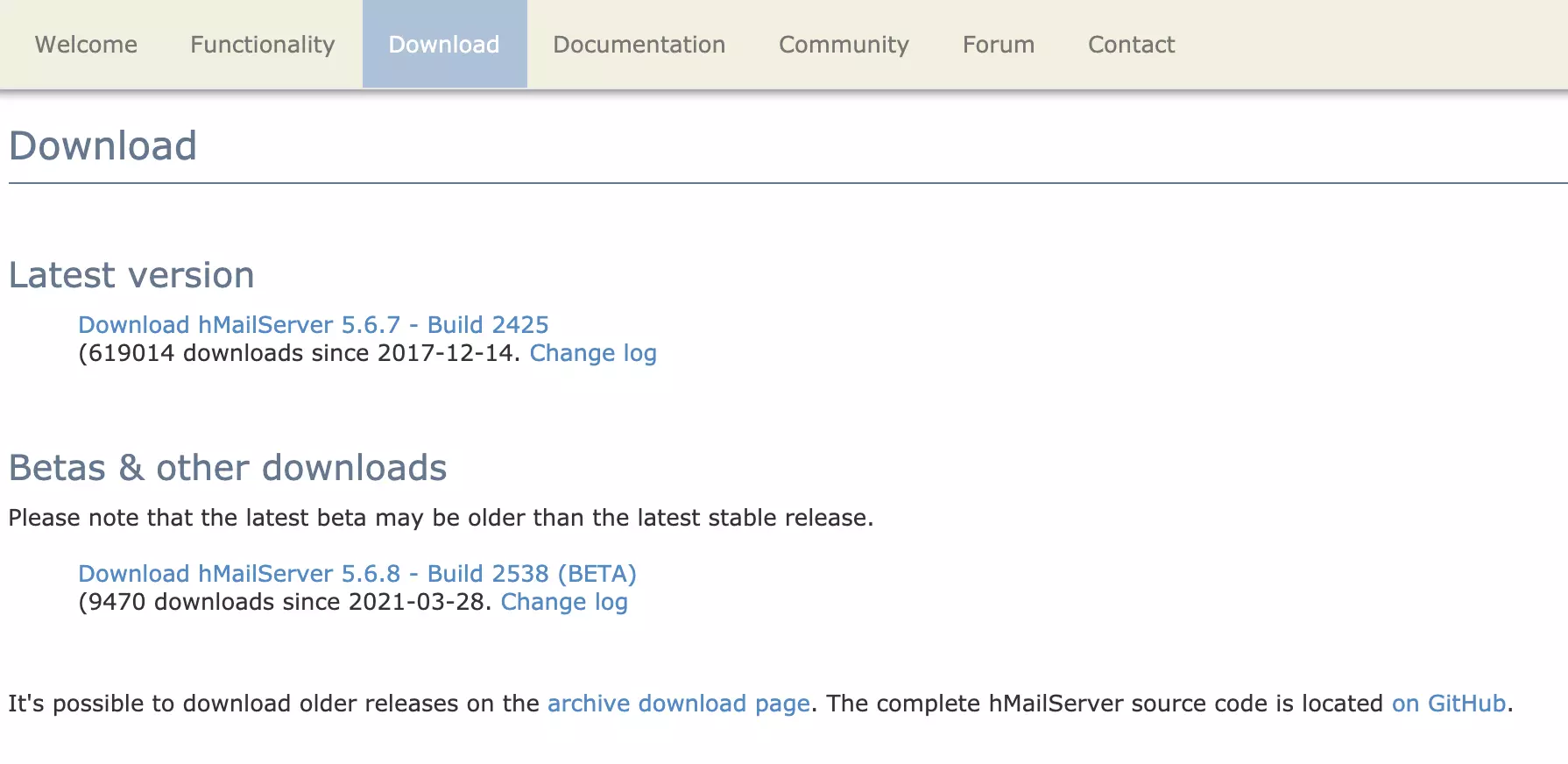 Página de descarga de HMailServer