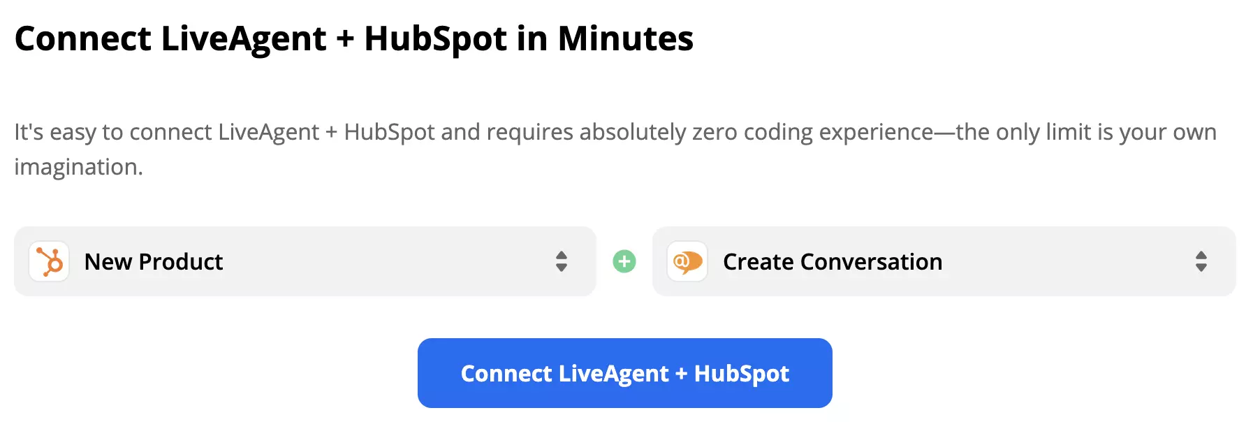 Un disparador Nuevo Producto en HubSpot activa una acción Crear Conversación en LiveAgent
