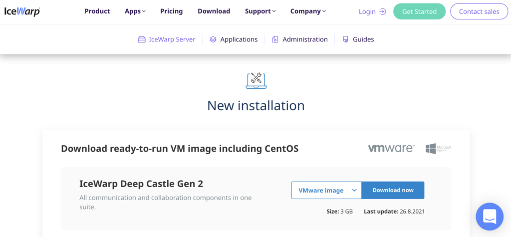 Sitio web de IceWarp con sección de instalación y enlaces de descarga