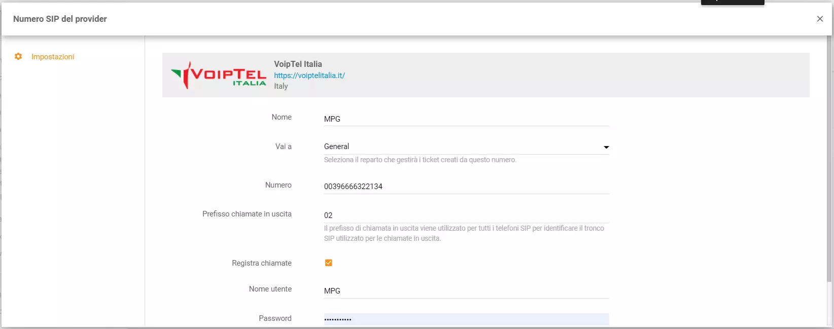 Credenciales de VoipTel Italia