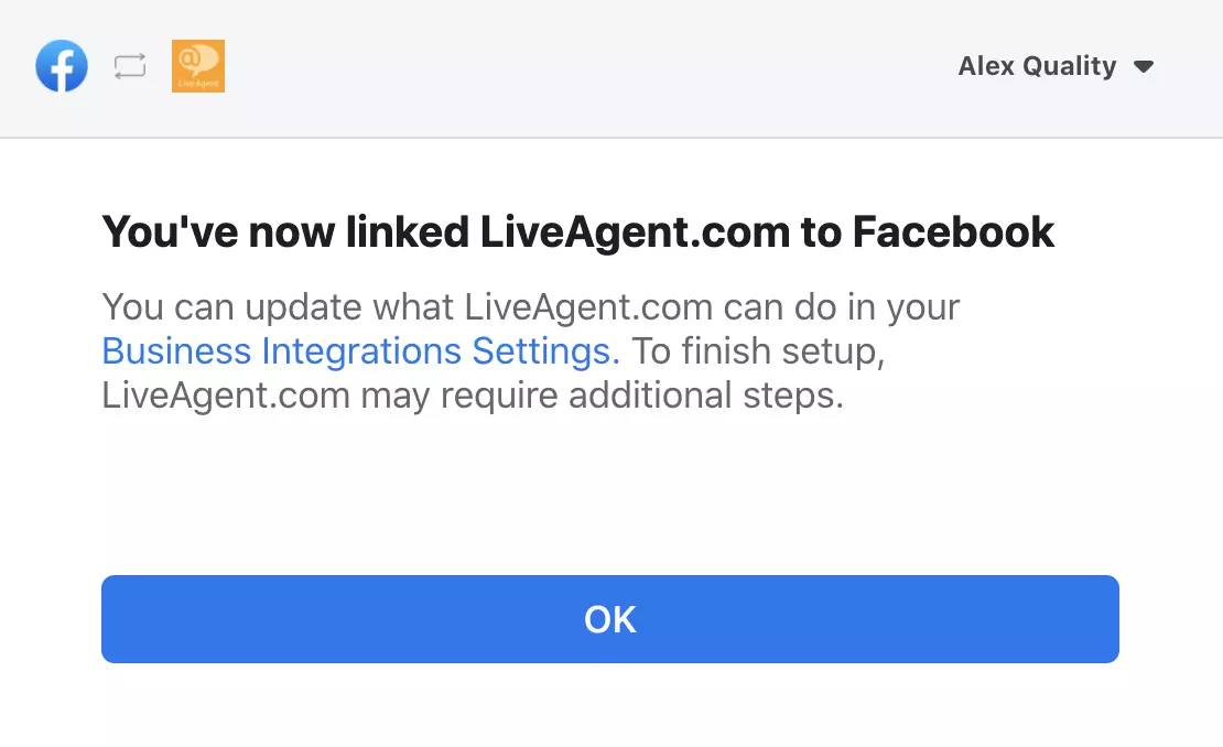 Ventana emergente confirmando la integración exitosa entre Facebook y LiveAgent
