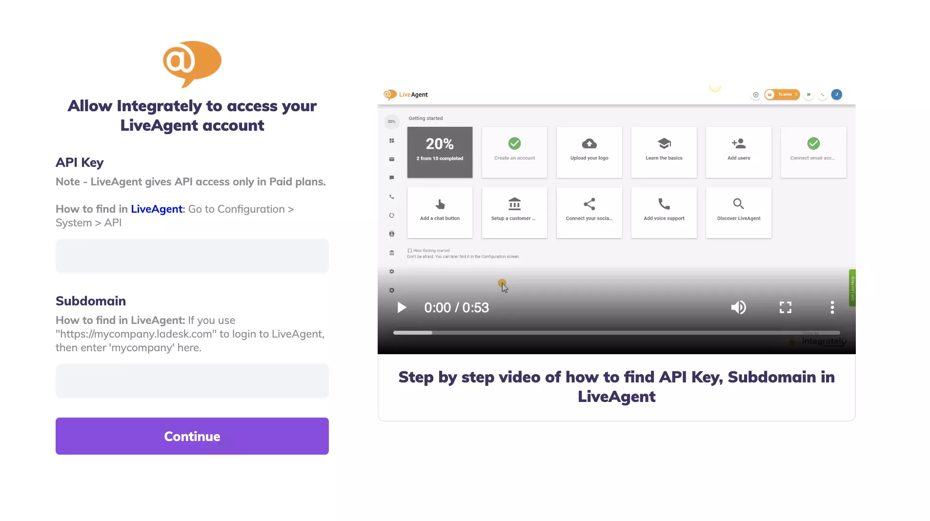 Campos de clave API y subdominio en la prueba de integración de Integrately